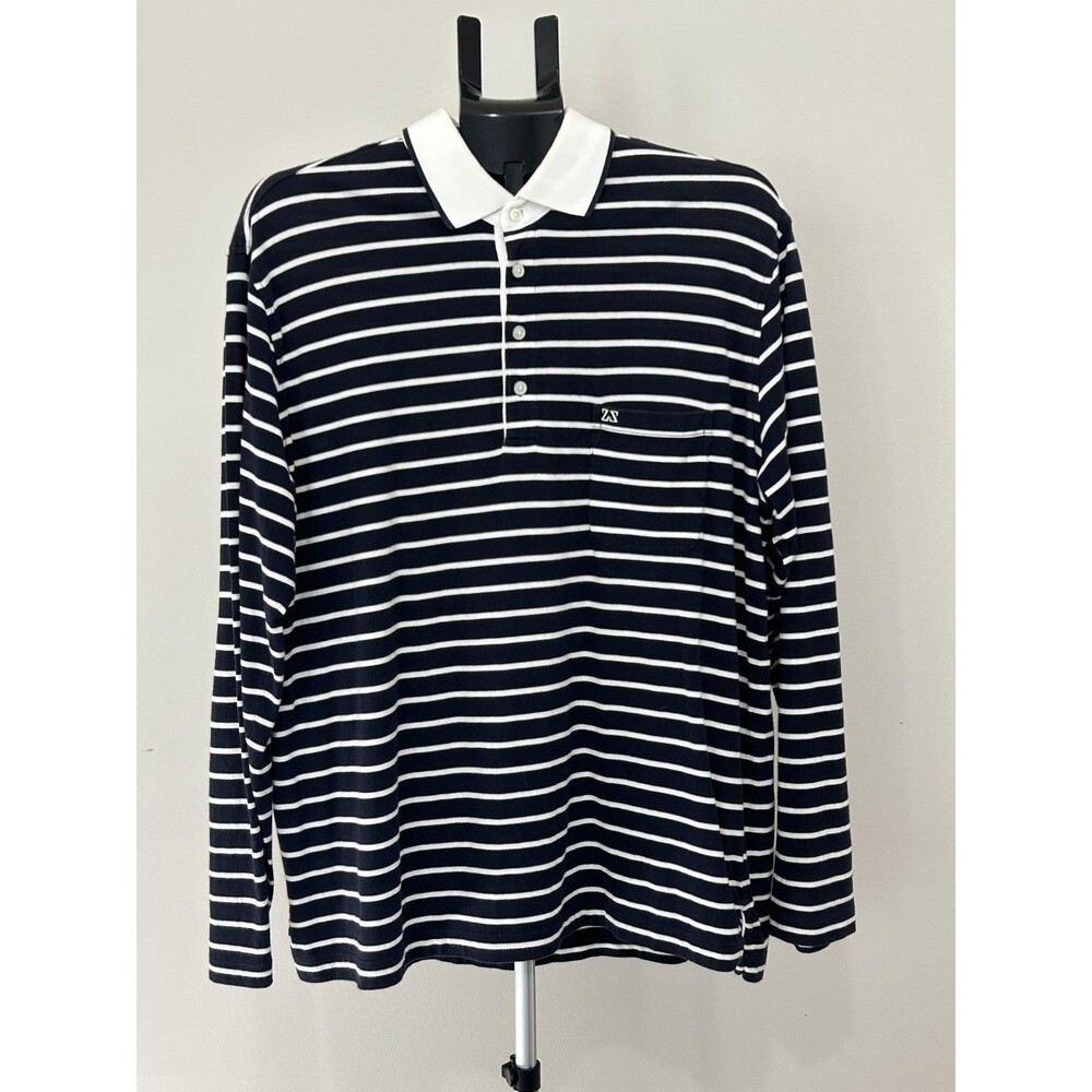 Zegna Sport Men’s XL Blue White Collar Horizontal Striped Pull Over L/S
